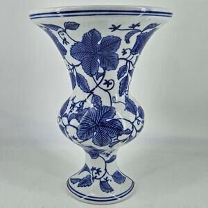White Blue Floral Amphora Design ceramic Wall Pocket Vase 10"